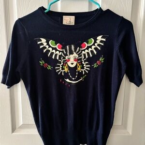 Navy blue short sleeve tattoo butterfly sweater